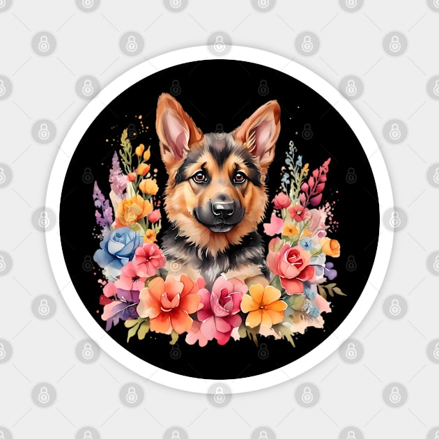 A german shepherd decorated with beautiful watercolor flowers Magnet by CreativeSparkzz